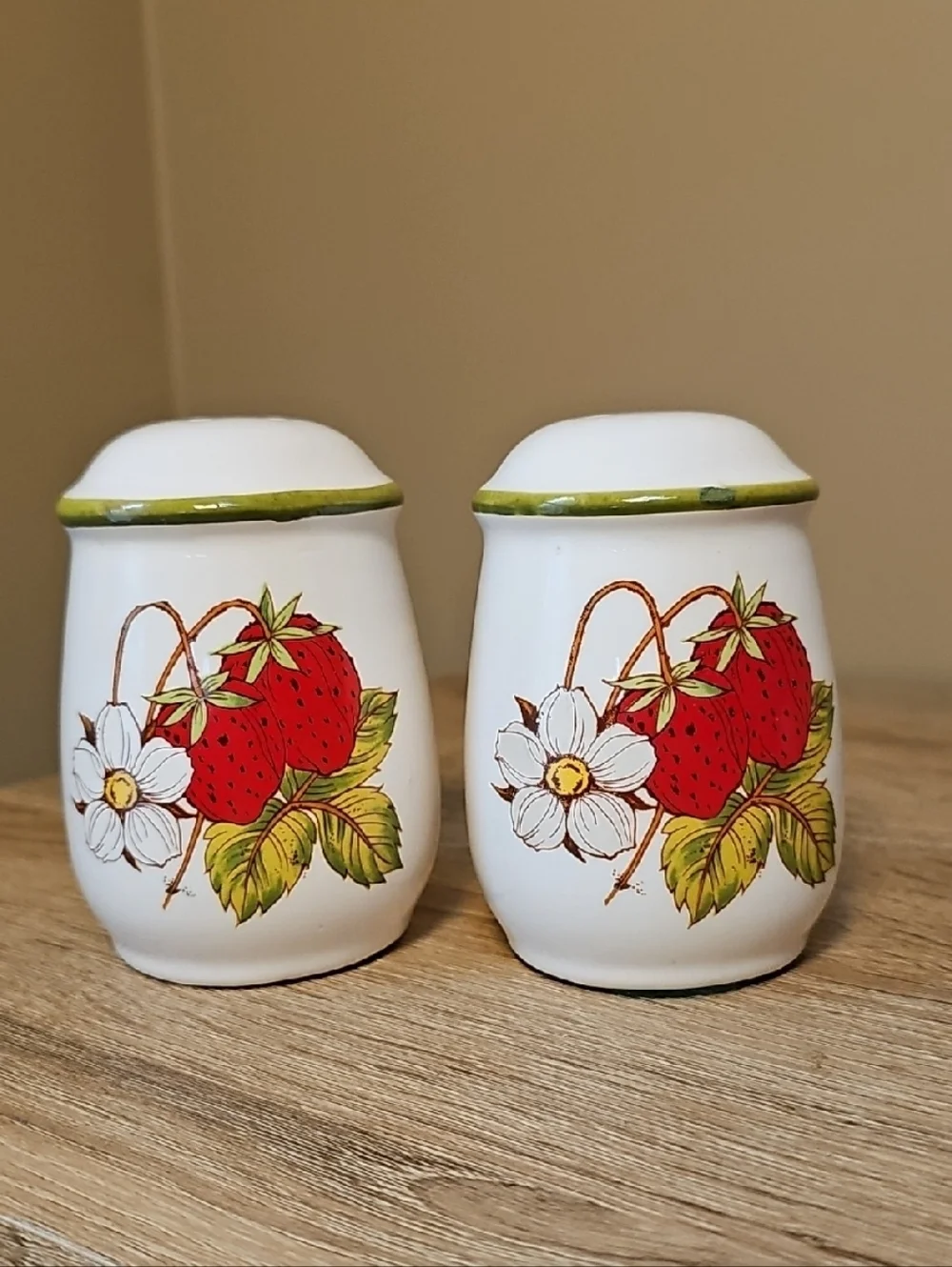 Vintage Cottage White Ceramic Strawberry Salt and Pepper Shakers with Green Trim